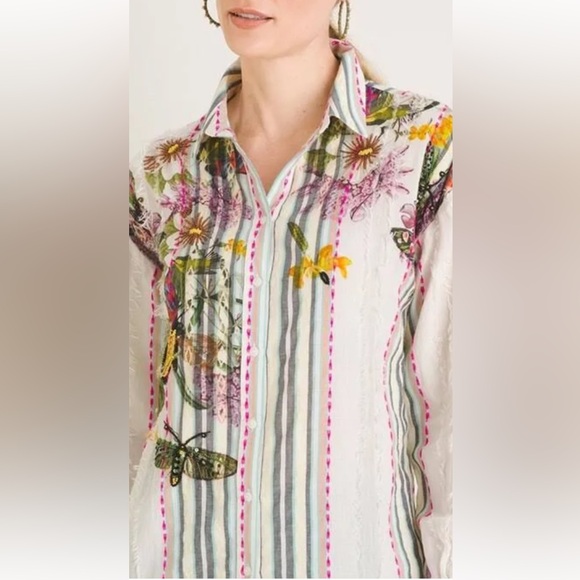 Chico's Striped Embellished Button-up Top Embroidered Beaded Butterfly Size 16 - Picture 3 of 13